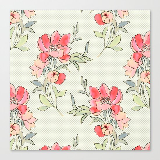 Vintage Floral Green Dot Canvas Print