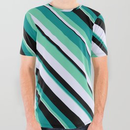 [ Thumbnail: Dark Cyan, Aquamarine, Lavender & Black Colored Pattern of Stripes All Over Graphic Tee ]