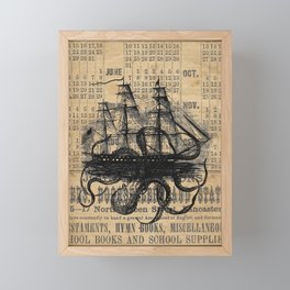 Octopus Kraken attacking Ship Antique Almanac Paper Framed Mini Art Print