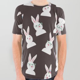 Easter Bunny With Glasses And Flowers Pattern- Brown All Over Graphic Tee