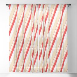 [ Thumbnail: Red, White, and Tan Colored Lines/Stripes Pattern Sheer Curtain ]