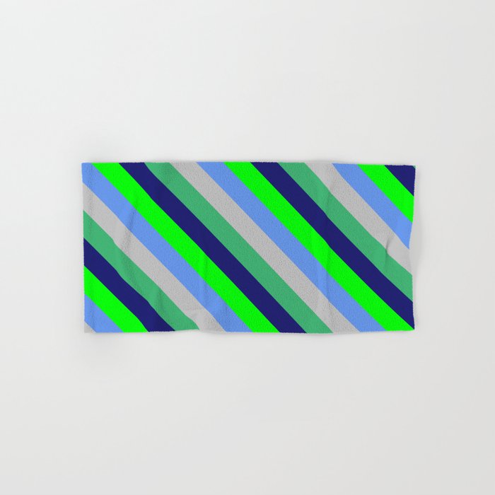 Lime, Cornflower Blue, Grey, Sea Green, and Midnight Blue Colored Stripes Pattern Hand & Bath Towel