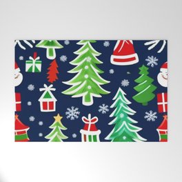 Classic Christmas Doodle Christmas Trees Presents Blue Giftwrap Welcome Mat