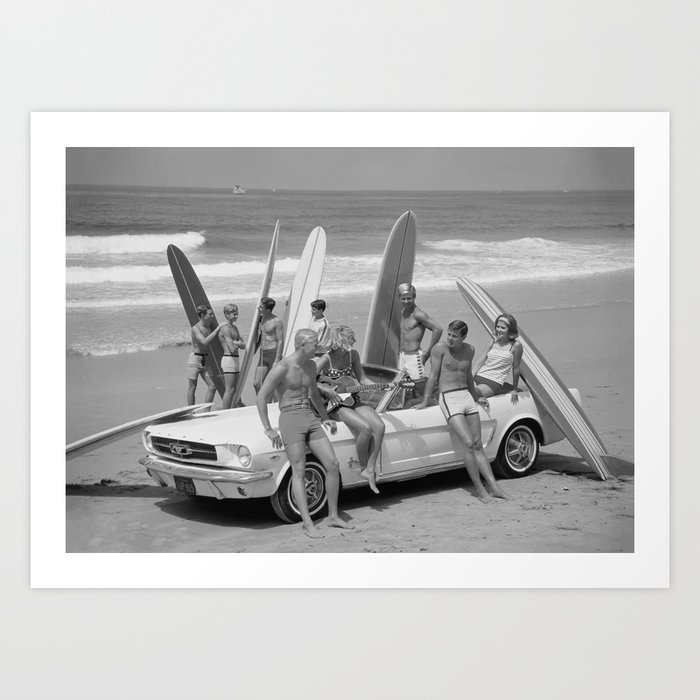 Retro Surfers, Black and White Vintage Beach Art Art Print
