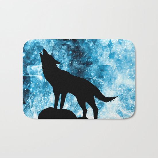 Howling Winter Wolf snowy blue smoke Bath Mat