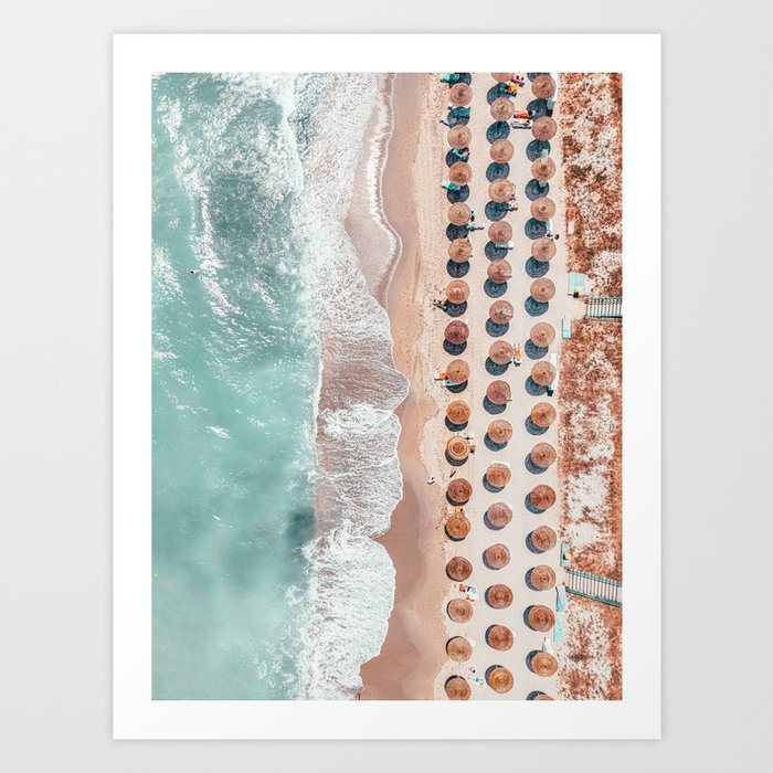 Ocean Print, Aerial Print, Beach Print, Aerial Beach Wall Art Print, Beach Photography, Summer Vibes, Coastal Art, People Beach Umbrellas Art Art Print