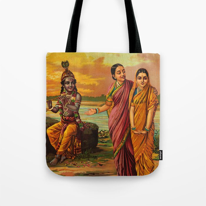 Krishna declaring his love for Radha by Raja Ravi Varma Tote Bag