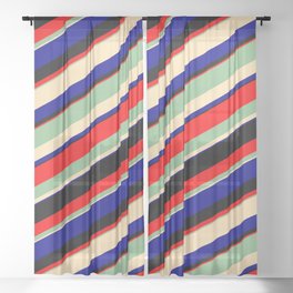 [ Thumbnail: Dark Sea Green, Beige, Dark Blue, Black & Red Colored Lines/Stripes Pattern Sheer Curtain ]