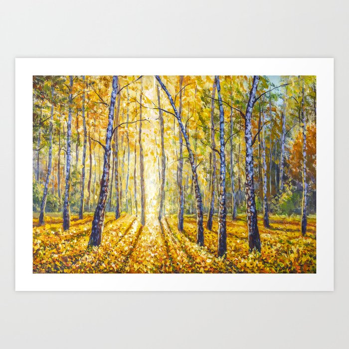 Beautiful autumn BIRCH tree forest landscape painting. Painting by Valery Rybakow Art Print