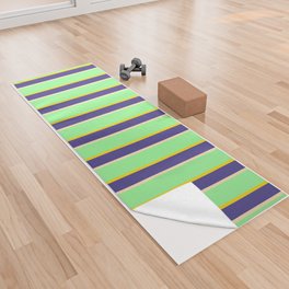 [ Thumbnail: Green, Yellow, Dark Slate Blue & Beige Colored Stripes/Lines Pattern Yoga Towel ]