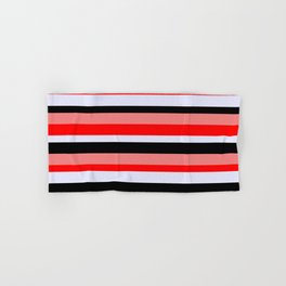 [ Thumbnail: Light Coral, Red, Lavender & Black Colored Stripes/Lines Pattern Hand & Bath Towel ]
