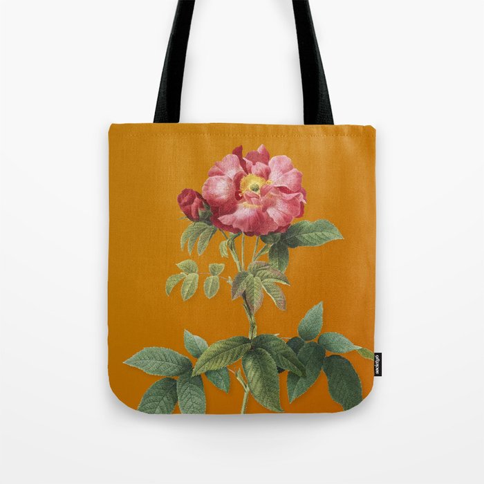 Vintage Provins Rose Botanical Illustration on Bright Orange Tote Bag