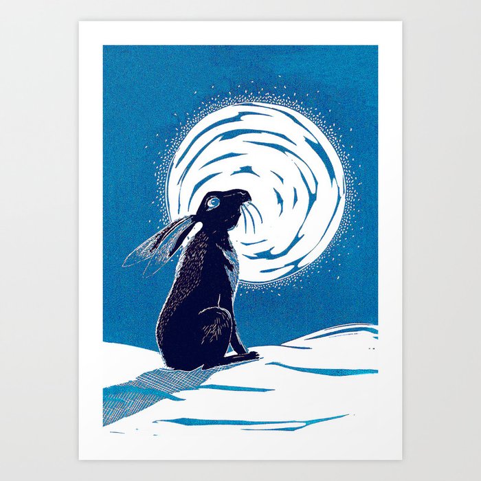 Moon Gazing Hare in Frosty Blue Art Print