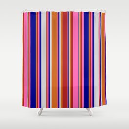 [ Thumbnail: Eyecatching Chocolate, Red, Hot Pink, Dark Blue & Light Gray Colored Lines/Stripes Pattern Shower Curtain ]