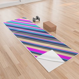 [ Thumbnail: Midnight Blue, Dim Gray, Beige, Fuchsia, and Dark Turquoise Colored Lines/Stripes Pattern Yoga Towel ]