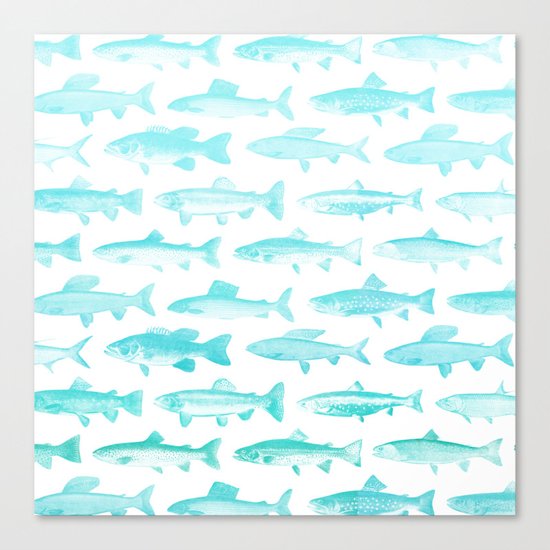 Fishes- pattern in aqua on clear white Canvas Print