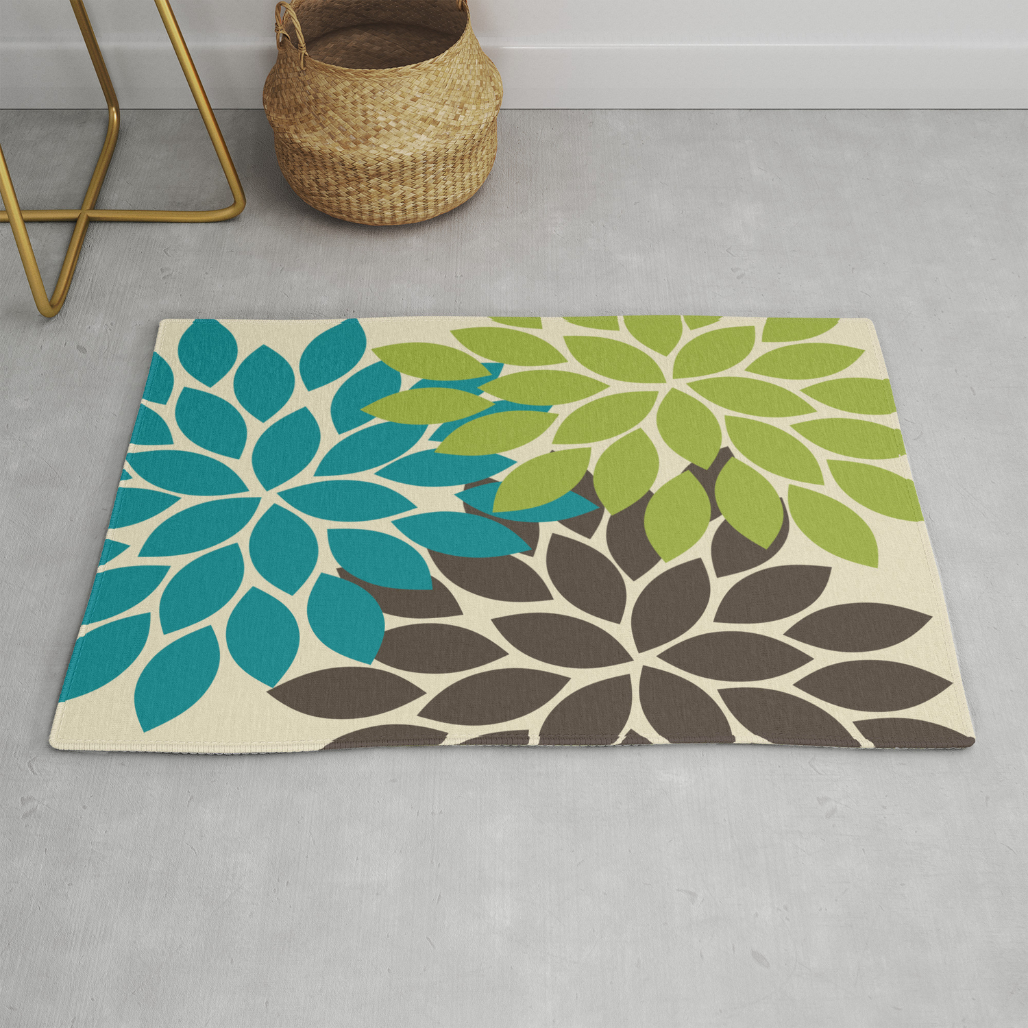 Bold Colorful Biege Brown Teal Green, Green And Brown Rug
