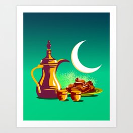 Coffee Pot, Cups and Dates with Moon Art Print