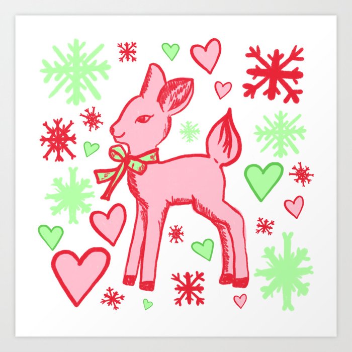 Retro Baby Deer with Hearts and Snowflakes, Red and Green Art Print