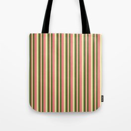 [ Thumbnail: Dark Olive Green, Light Coral, and Pale Goldenrod Colored Lined/Striped Pattern Tote Bag ]