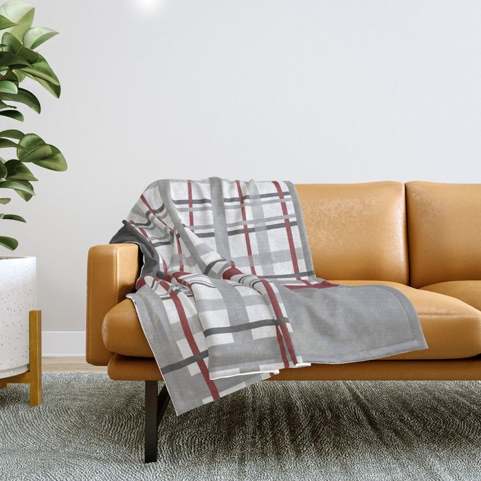 Grey Red Burgundy Checkered Gingham Patchwork Color Canvas Throw