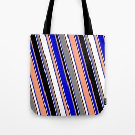 [ Thumbnail: Vibrant Light Salmon, Gray, Blue, White & Black Colored Lined/Striped Pattern Tote Bag ]