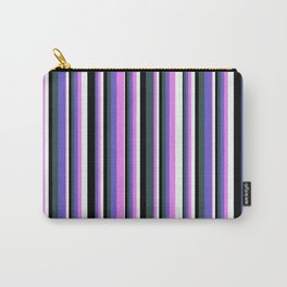 [ Thumbnail: Eyecatching Dark Slate Gray, Slate Blue, Violet, Mint Cream, and Black Colored Pattern of Stripes Carry-All Pouch ]