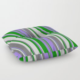 [ Thumbnail: Dim Gray, Purple, Green & Light Grey Colored Lined Pattern Floor Pillow ]