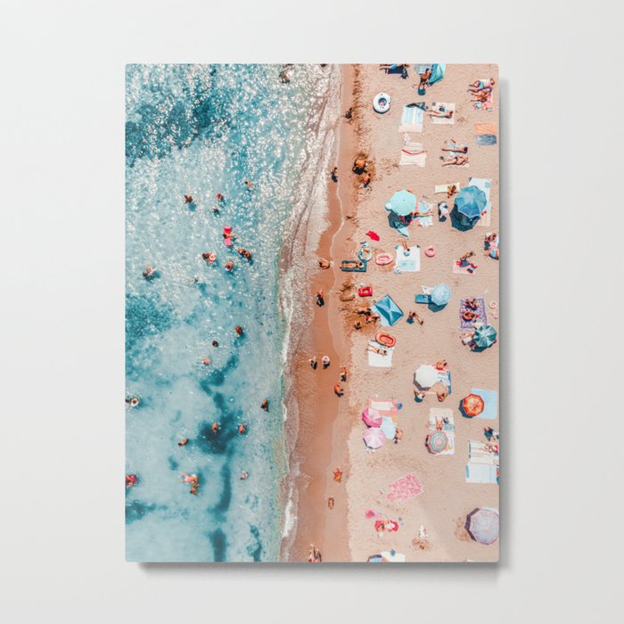 Summer Beach Umbrellas, Aerial Beach Pastel Print, Ocean Waves Coastal Art Print, Round Umbrella Vibes Metal Print