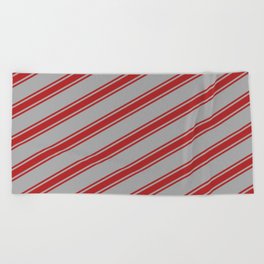[ Thumbnail: Dark Gray & Red Colored Lined/Striped Pattern Beach Towel ]