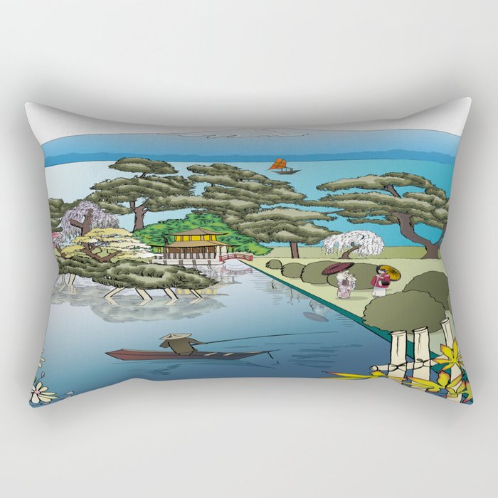 Japan Mural - Color with White Background Rectangular Pillow