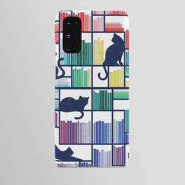 Rainbow bookshelf // white background navy blue shelf and library cats Android Case
