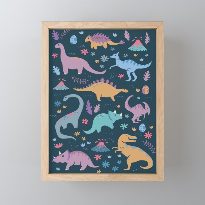 Dinosaur + Flowers Pattern Framed Mini Art Print