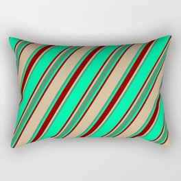 [ Thumbnail: Green, Maroon, Tan & Sea Green Colored Lined/Striped Pattern Rectangular Pillow ]