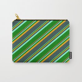 [ Thumbnail: Orange, Dark Slate Gray, Aquamarine, and Green Colored Stripes Pattern Carry-All Pouch ]