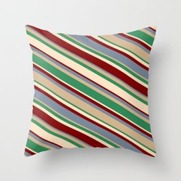 [ Thumbnail: Vibrant Light Slate Gray, Tan, Sea Green, Bisque, and Maroon Colored Lines Pattern Throw Pillow ]