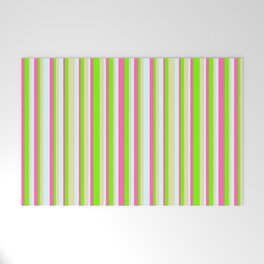 [ Thumbnail: Green, Pale Goldenrod, Light Cyan, and Hot Pink Colored Lined/Striped Pattern Welcome Mat ]