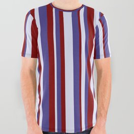 [ Thumbnail: Lavender, Dark Slate Blue & Maroon Colored Lines Pattern All Over Graphic Tee ]