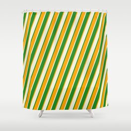[ Thumbnail: Forest Green, Orange & Beige Colored Lines/Stripes Pattern Shower Curtain ]