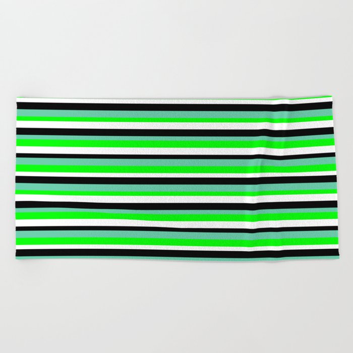 Aquamarine, Lime, White, and Black Colored Lined/Striped Pattern Beach Towel