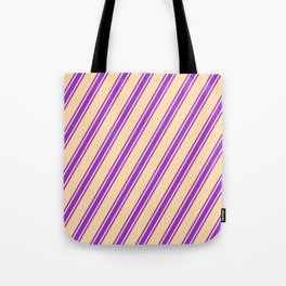 [ Thumbnail: Tan and Dark Orchid Colored Lines/Stripes Pattern Tote Bag ]