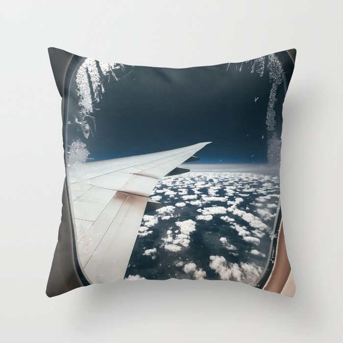 Airplane window and white clouds Throw Pillow