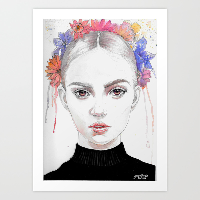 Girl With Flowers Tiara Art Print By Yaramorais Society6