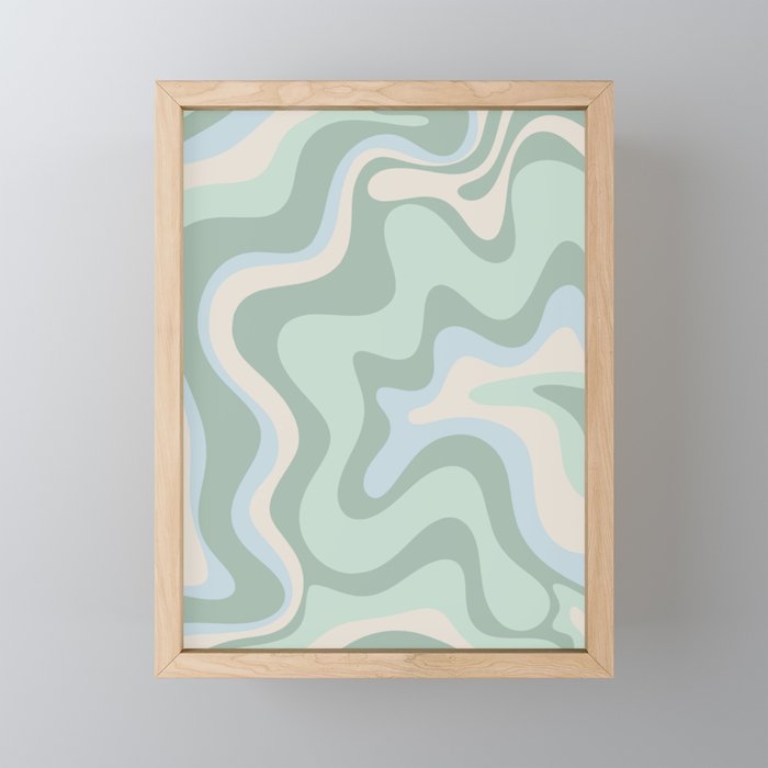 Retro Liquid Swirl Abstract Pattern Celadon Mint Green Baby Blue Beige  Framed Mini Art Print