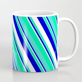 [ Thumbnail: Blue, White, Green, and Turquoise Colored Striped/Lined Pattern Coffee Mug ]