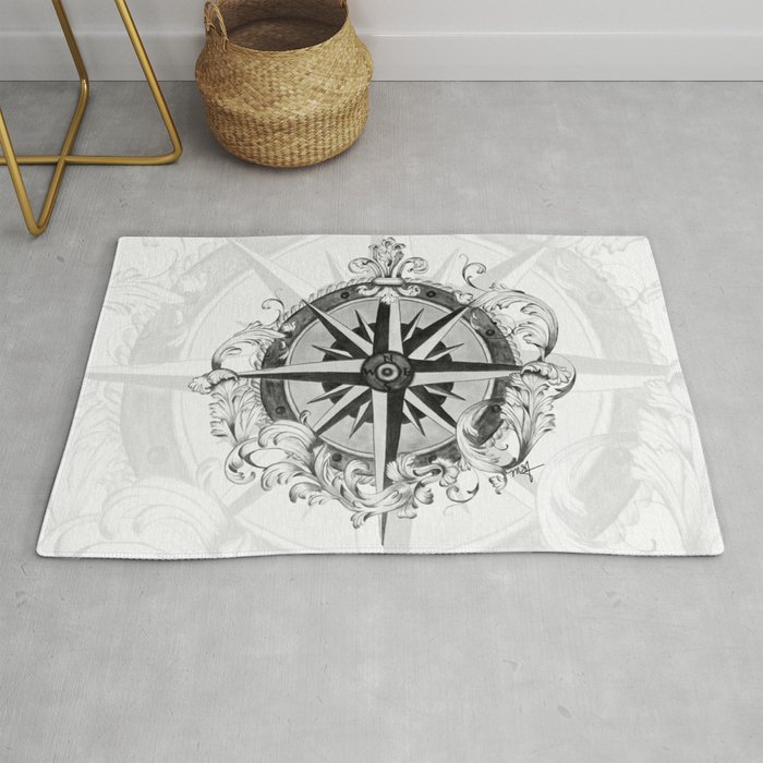 Black and White Scrolling Compass Rose Rug
