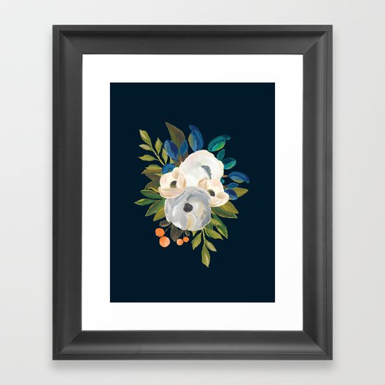 Midnight Florals Blue & Cream Framed Art Print by creativeindex