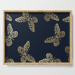 Exotic Butterfly Art on Navy and Gold Serving Tray