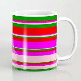 [ Thumbnail: Green, Red, Fuchsia, and Pink Colored Lined/Striped Pattern Coffee Mug ]