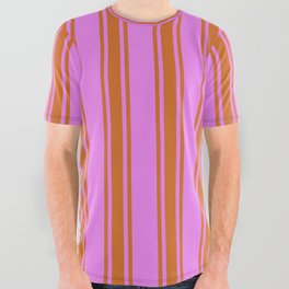 [ Thumbnail: Violet and Chocolate Colored Lines/Stripes Pattern All Over Graphic Tee ]